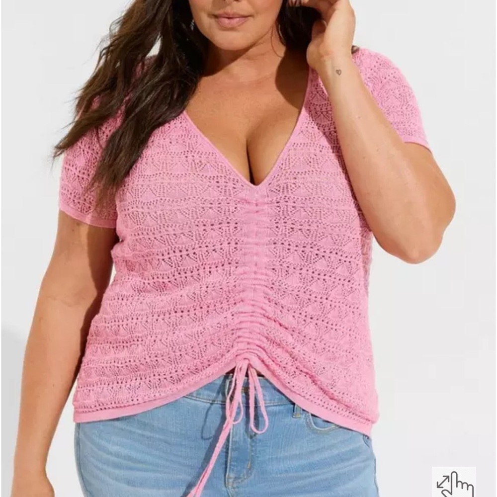 Torrid 3 Pointelle Pullover Short Sleeve V-Neck Front Tie Sweater pink